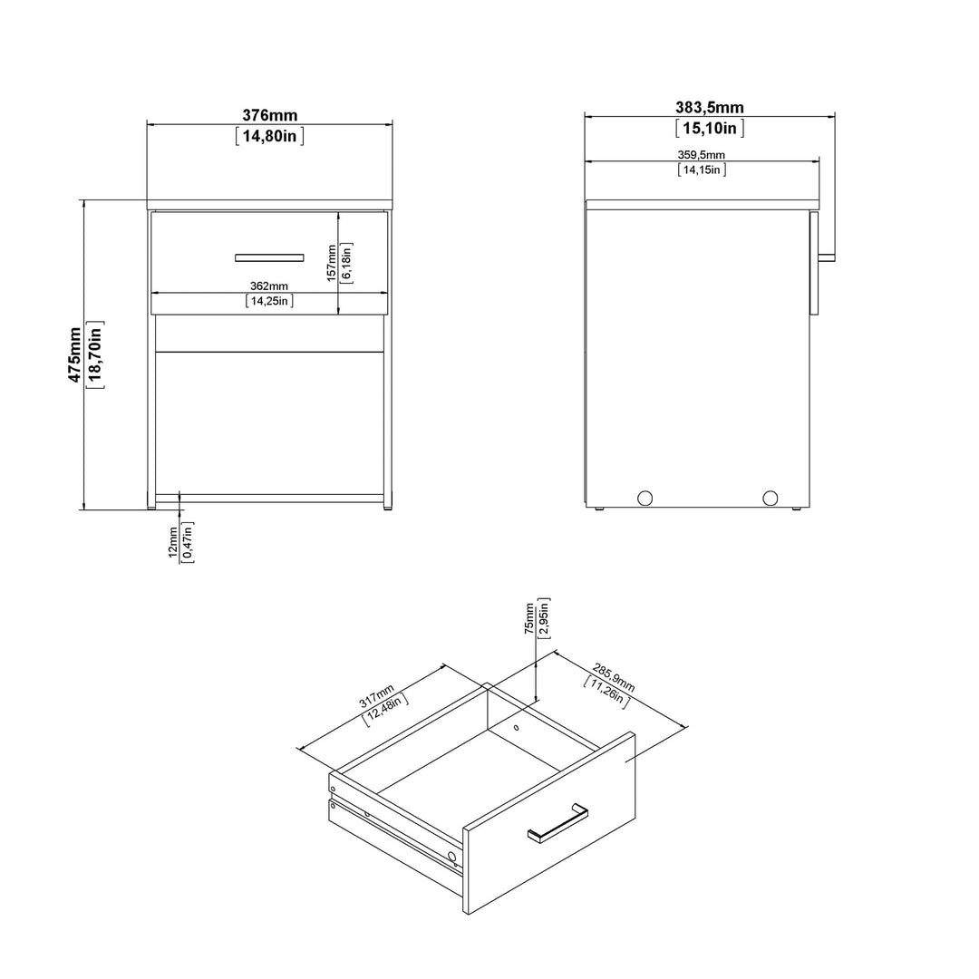 Space Bedside 1 Drawer in White - TidySpaces