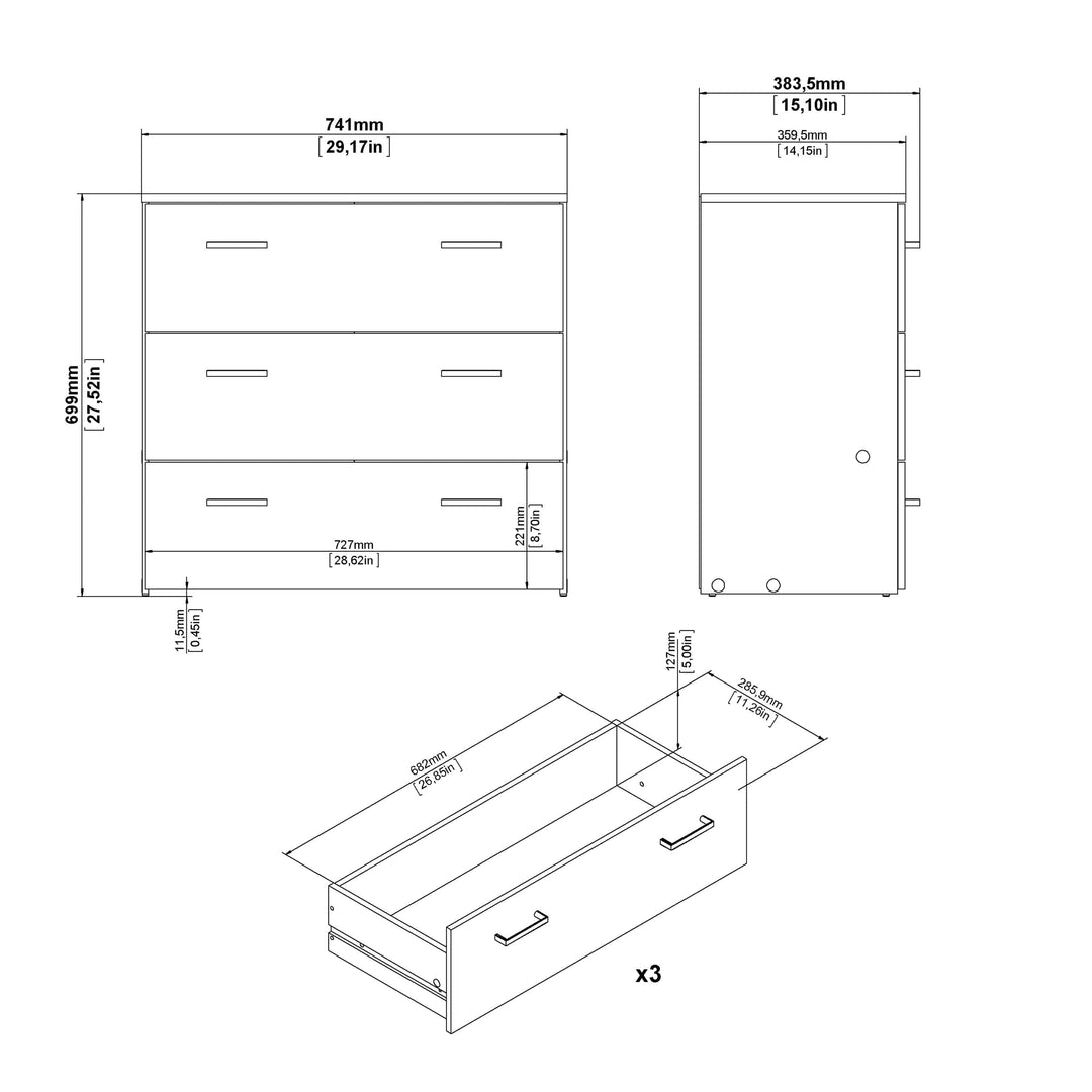 Space Chest of 3 Drawers in Oak - TidySpaces