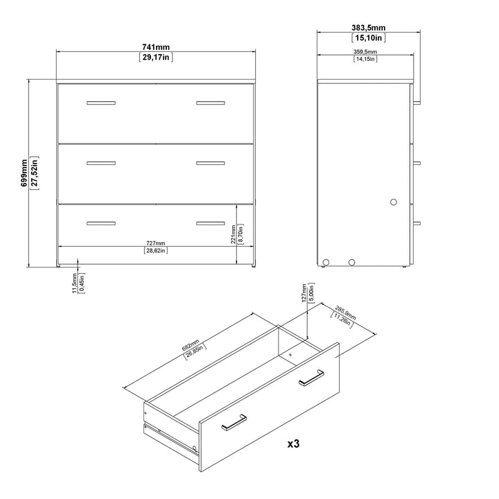 Space Chest of 3 Drawers in White - TidySpaces