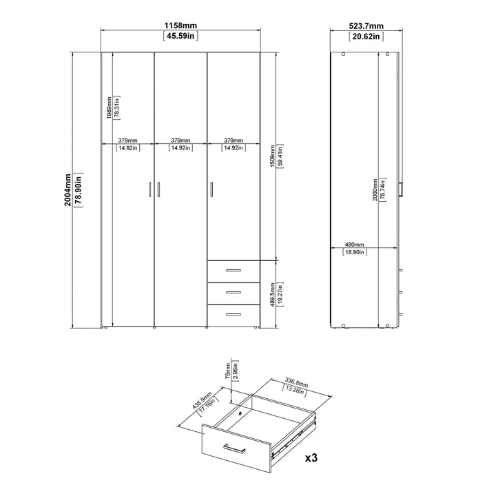 Space Wardrobe - 3 Doors 3 Drawers in Oak 2000 - TidySpaces