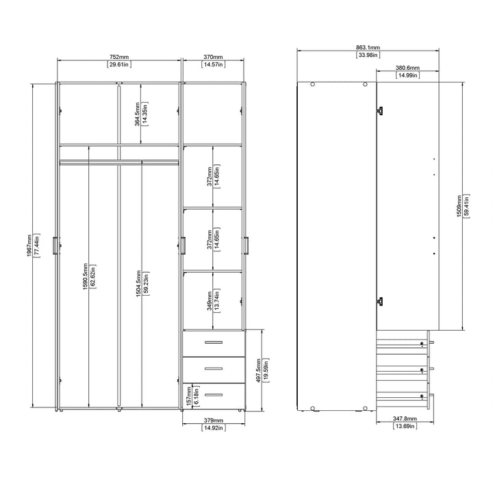 Space Wardrobe - 3 Doors 3 Drawers in Oak 2000 - TidySpaces