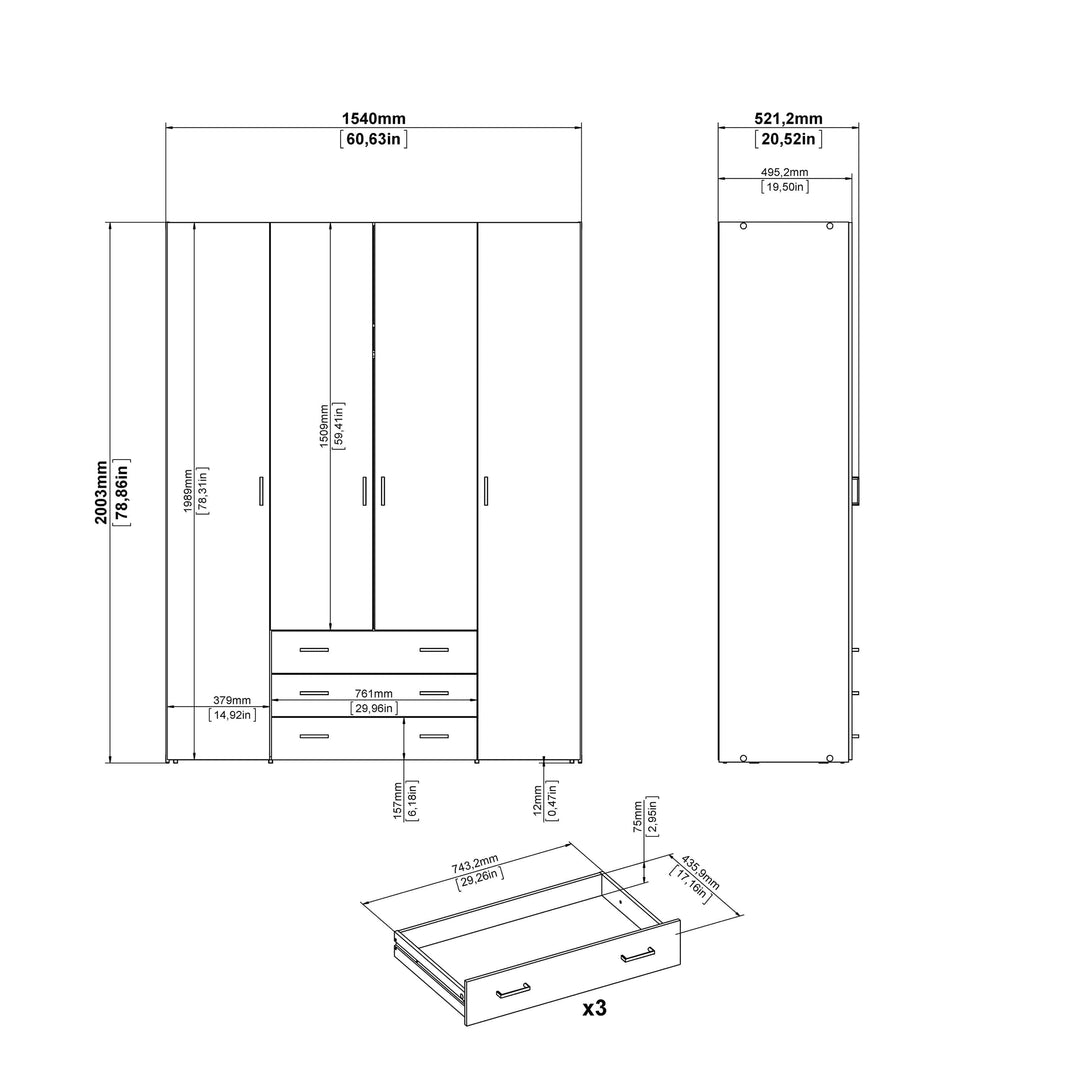 Space Wardrobe - 4 Doors 3 Drawers in Oak 2000 - TidySpaces