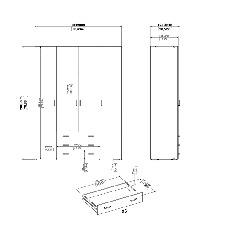 Space Wardrobe - 4 Doors 3 Drawers in Oak 2000 - TidySpaces