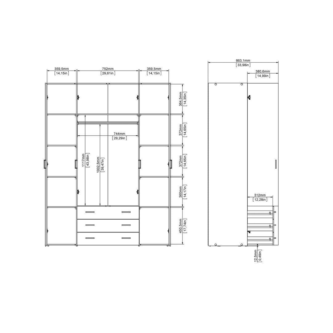 Space Wardrobe - 4 Doors 3 Drawers in Oak 2000 - TidySpaces