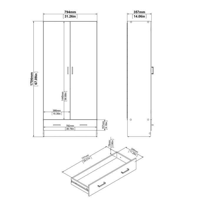 Space Wardrobe with 2 Doors + 1 Drawer in White 1750 - TidySpaces