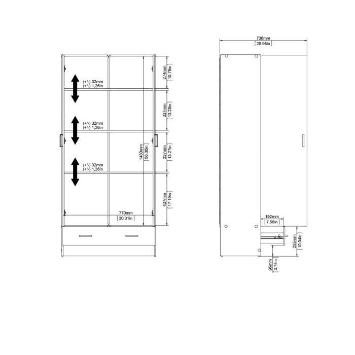 Space Wardrobe with 2 Doors + 1 Drawer in White 1750 - TidySpaces