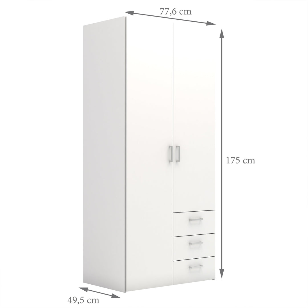 Space Wardrobe with 2 doors + 3 drawers White 1750 - TidySpaces