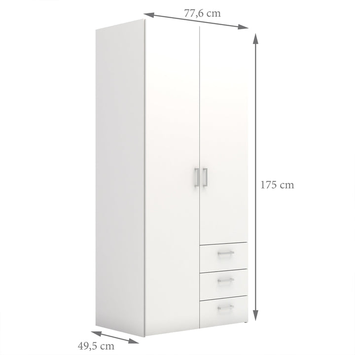 Space Wardrobe with 2 doors + 3 drawers White 1750 - TidySpaces