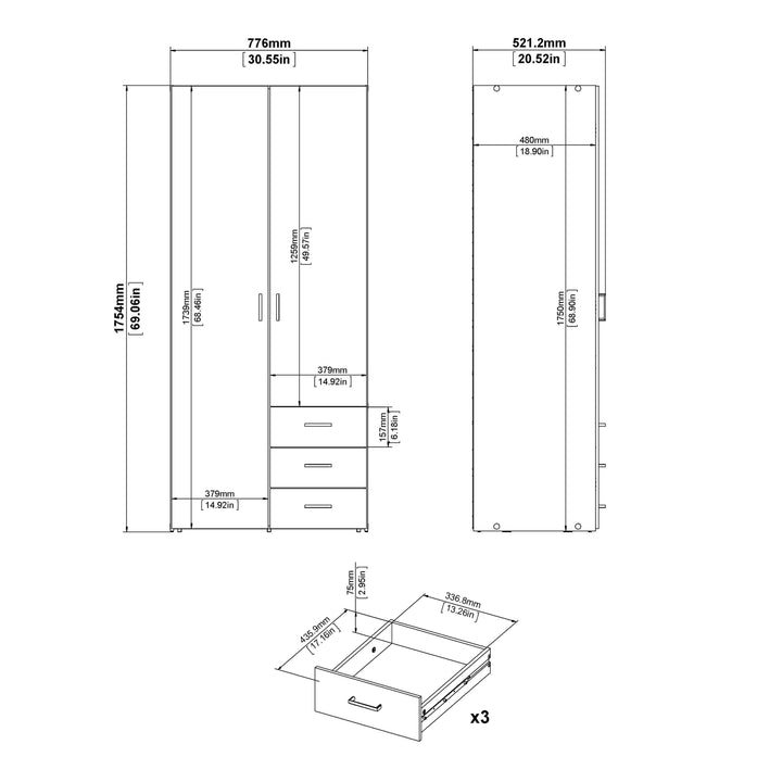 Space Wardrobe with 2 doors + 3 drawers White 1750 - TidySpaces