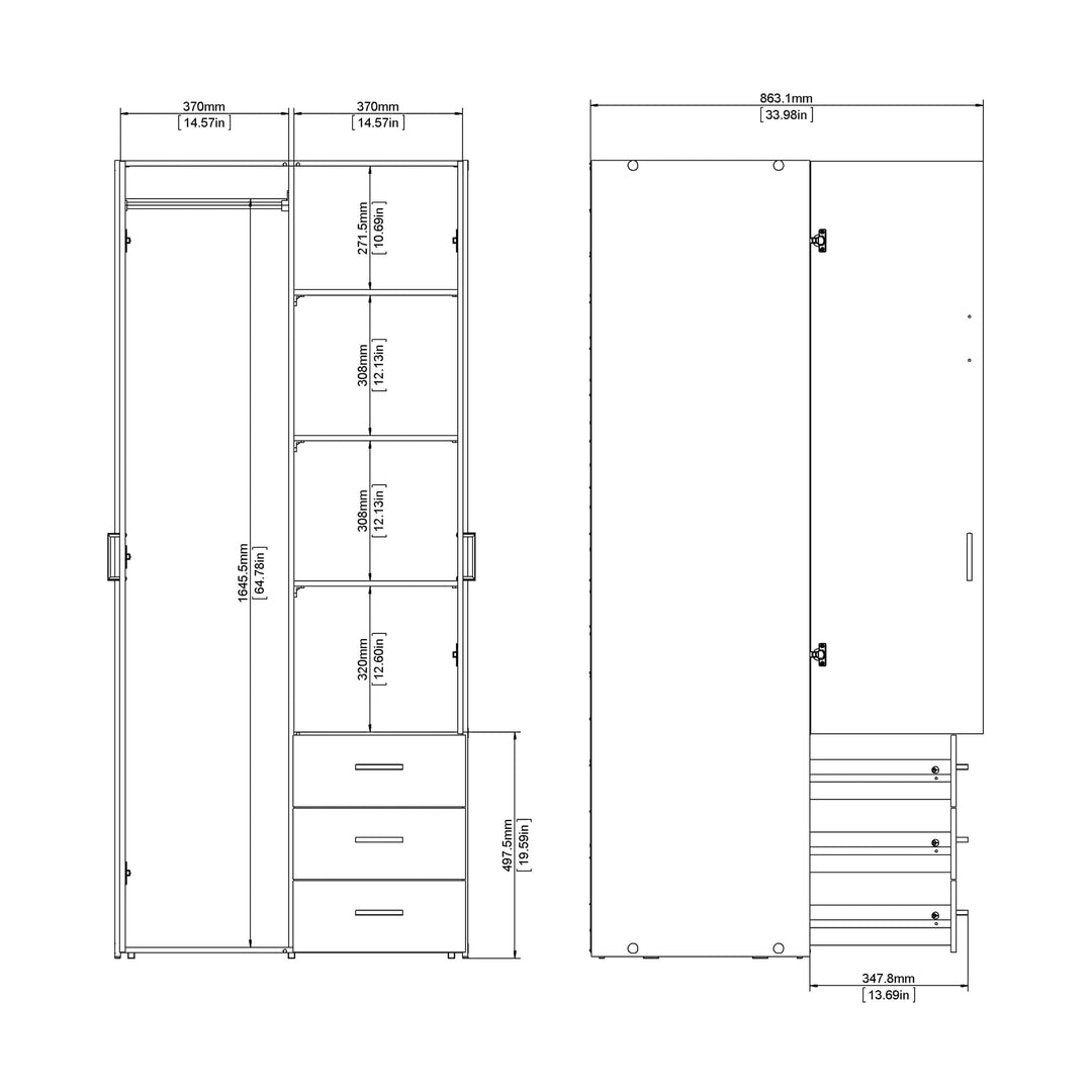 Space Wardrobe with 2 doors + 3 drawers White 1750 - TidySpaces