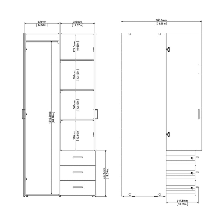 Space Wardrobe with 2 doors + 3 drawers White 1750 - TidySpaces