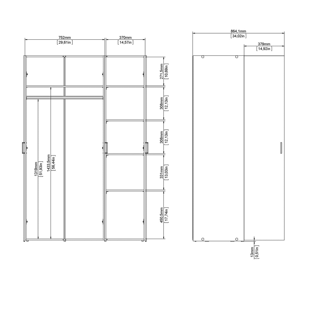 Space Wardrobe with 3 doors White 1750 - TidySpaces