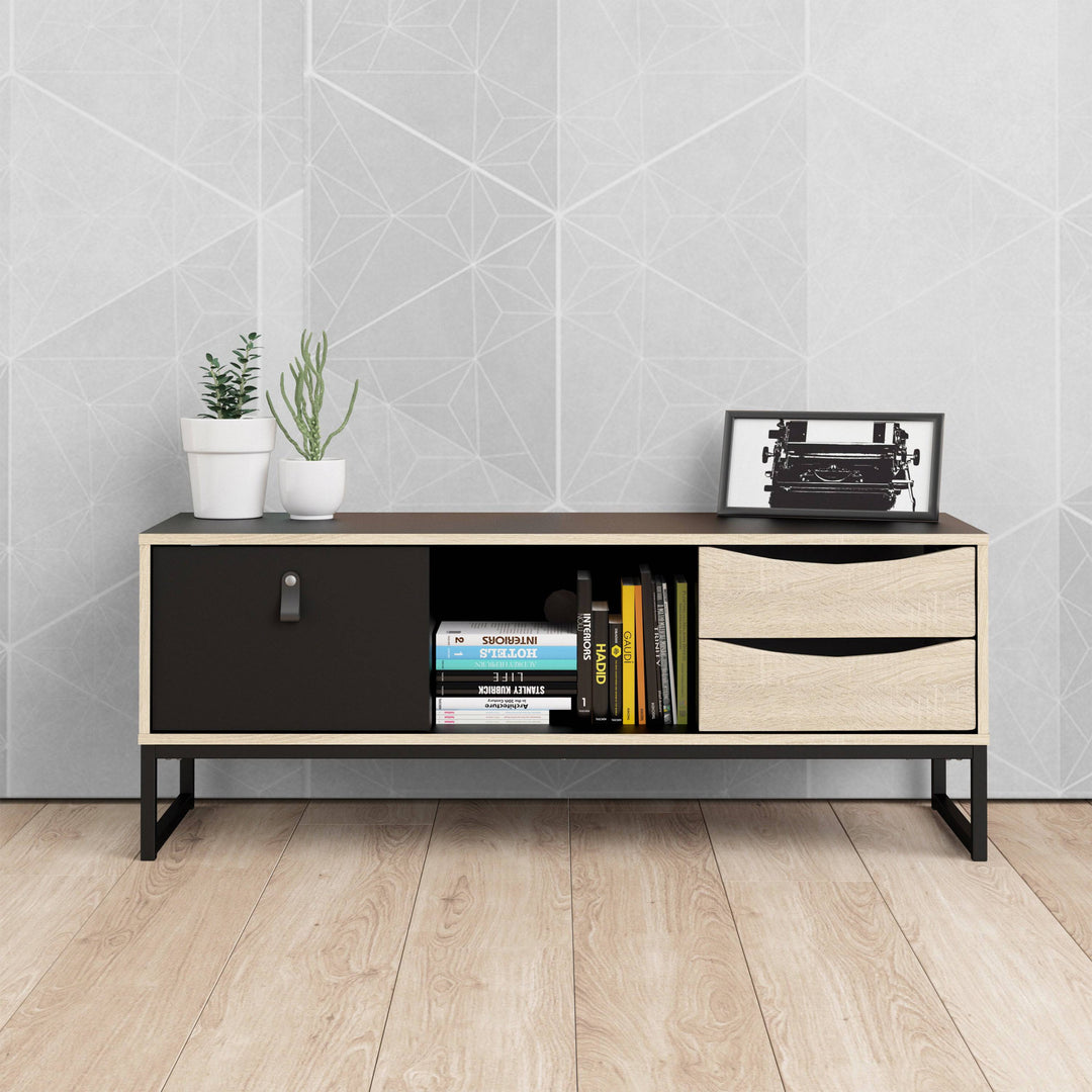 Stubbe TV Unit 1+2 drawers and open shelf in Matt Black Oak - TidySpaces