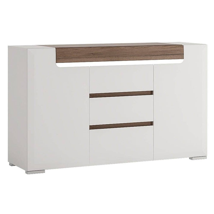 Toronto 2 Door 3 Drawer Sideboard (inc. Plexi Lighting) In White and Oak - TidySpaces