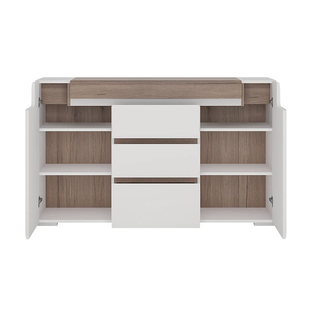 Toronto 2 Door 3 Drawer Sideboard (inc. Plexi Lighting) In White and Oak - TidySpaces