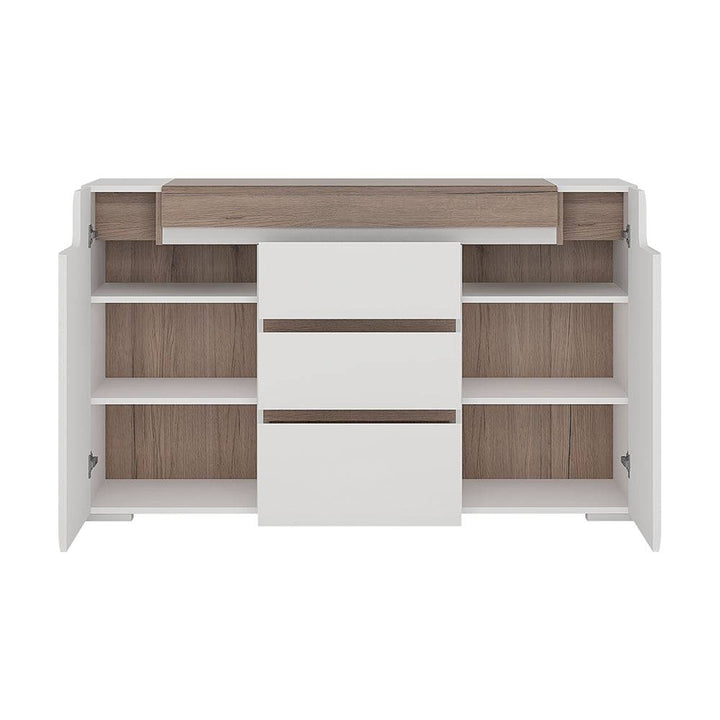 Toronto 2 Door 3 Drawer Sideboard (inc. Plexi Lighting) In White and Oak - TidySpaces