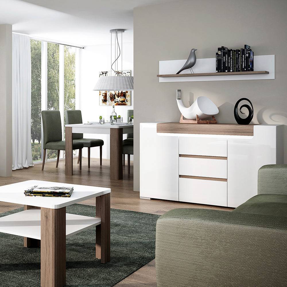 Toronto 2 Door 3 Drawer Sideboard (inc. Plexi Lighting) In White and Oak - TidySpaces