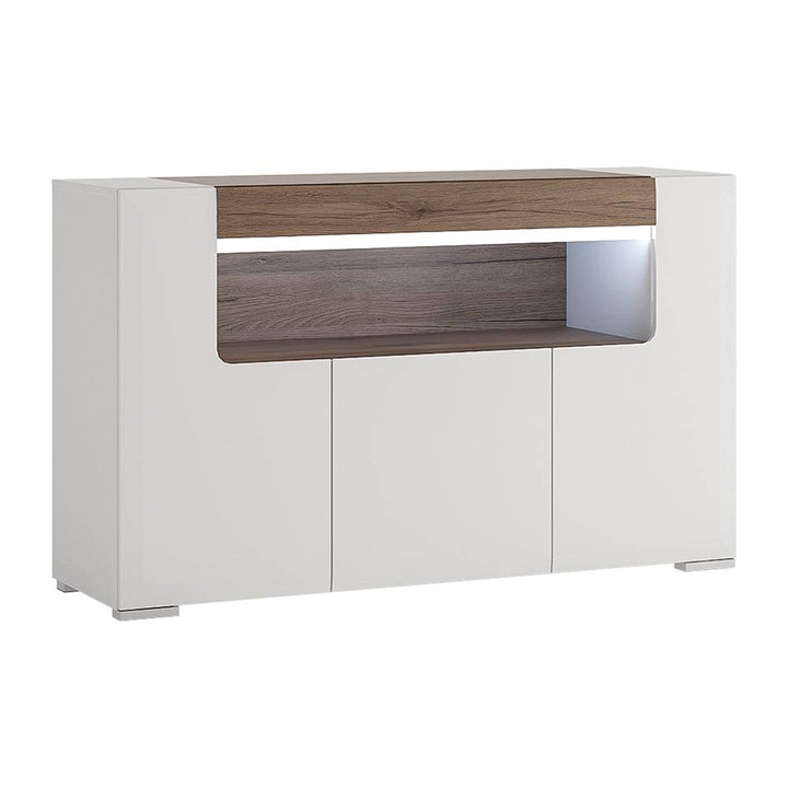 Toronto 3 Door Sideboard with open shelving (inc. Plexi Lighting) In White and Oak - TidySpaces