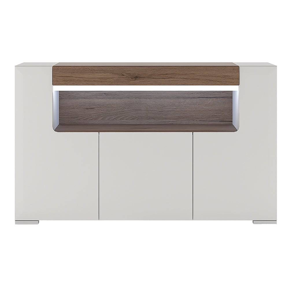 Toronto 3 Door Sideboard with open shelving (inc. Plexi Lighting) In White and Oak - TidySpaces