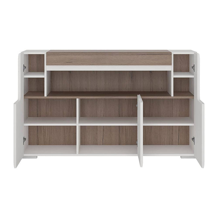 Toronto 3 Door Sideboard with open shelving (inc. Plexi Lighting) In White and Oak - TidySpaces