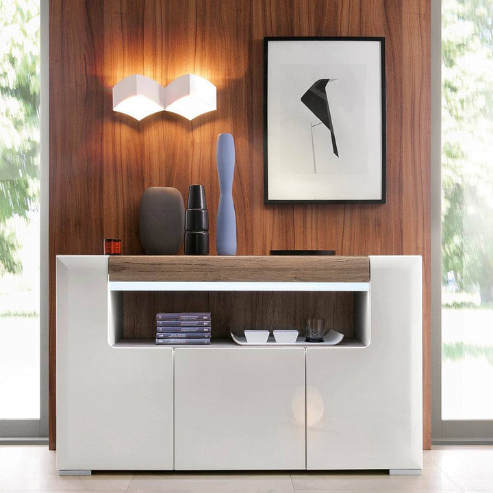 Toronto 3 Door Sideboard with open shelving (inc. Plexi Lighting) In White and Oak - TidySpaces