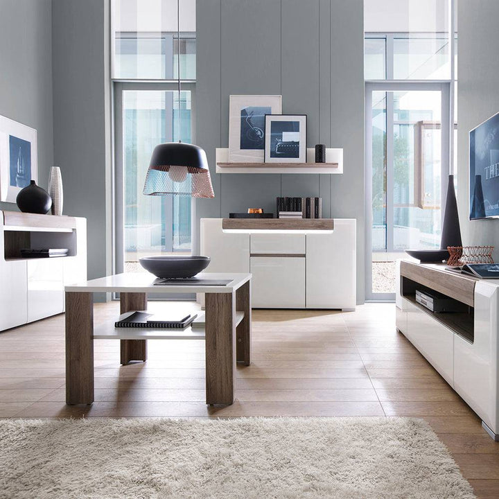 Toronto 3 Door Sideboard with open shelving (inc. Plexi Lighting) In White and Oak - TidySpaces