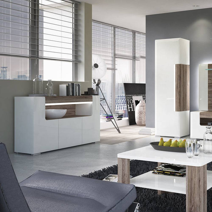 Toronto 3 Door Sideboard with open shelving (inc. Plexi Lighting) In White and Oak - TidySpaces