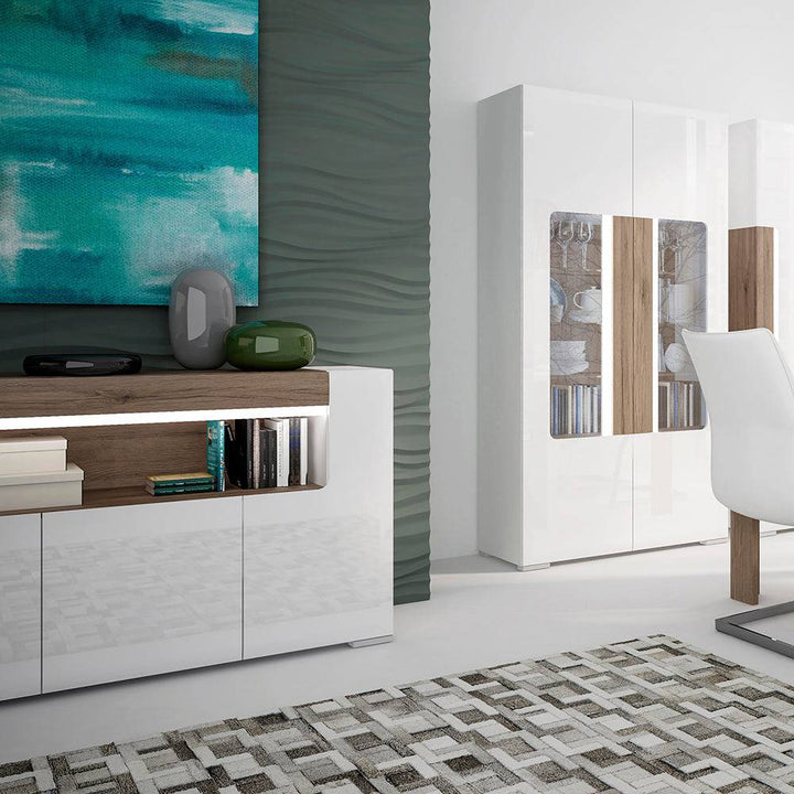 Toronto 3 Door Sideboard with open shelving (inc. Plexi Lighting) In White and Oak - TidySpaces