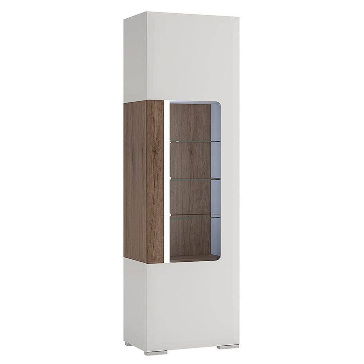 Toronto Tall narrow glazed display cabinet with internal shelves (inc. Plexi Lighting) In White and Oak - TidySpaces