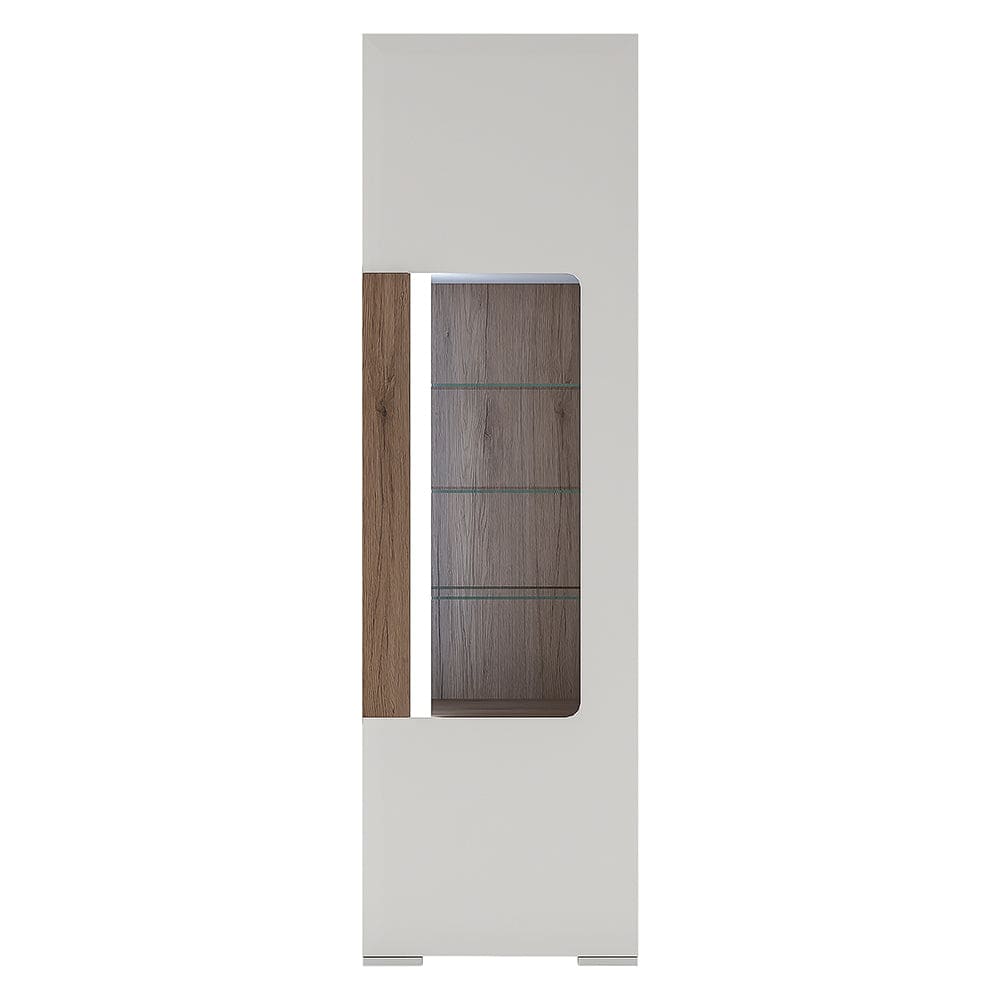 Toronto Tall narrow glazed display cabinet with internal shelves (inc. Plexi Lighting) In White and Oak - TidySpaces