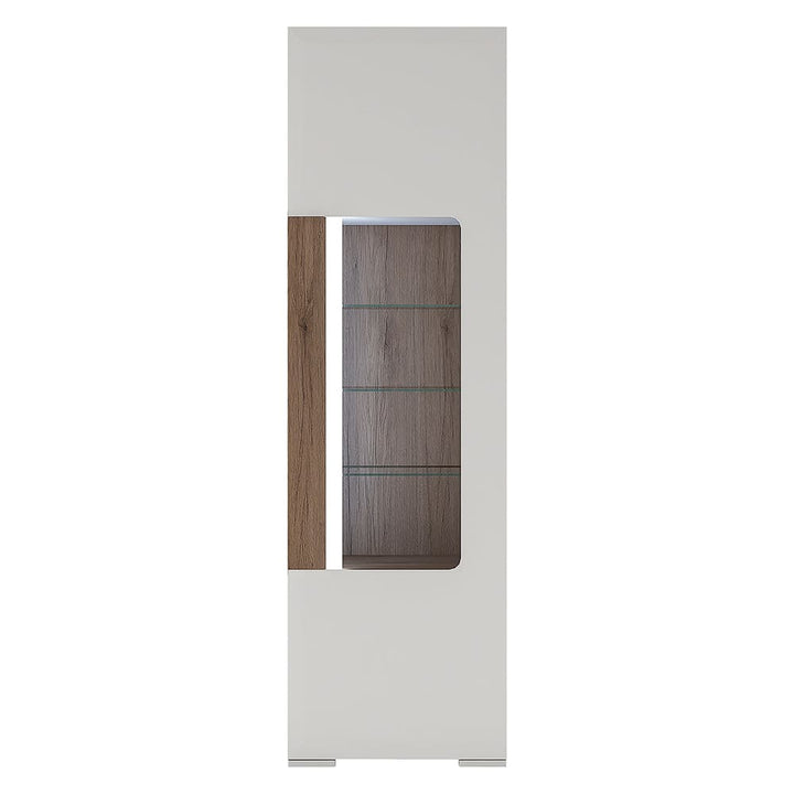 Toronto Tall narrow glazed display cabinet with internal shelves (inc. Plexi Lighting) In White and Oak - TidySpaces