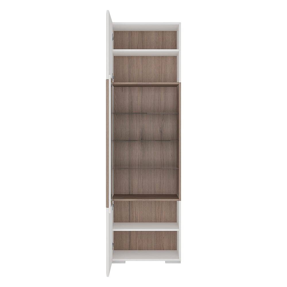 Toronto Tall narrow glazed display cabinet with internal shelves (inc. Plexi Lighting) In White and Oak - TidySpaces