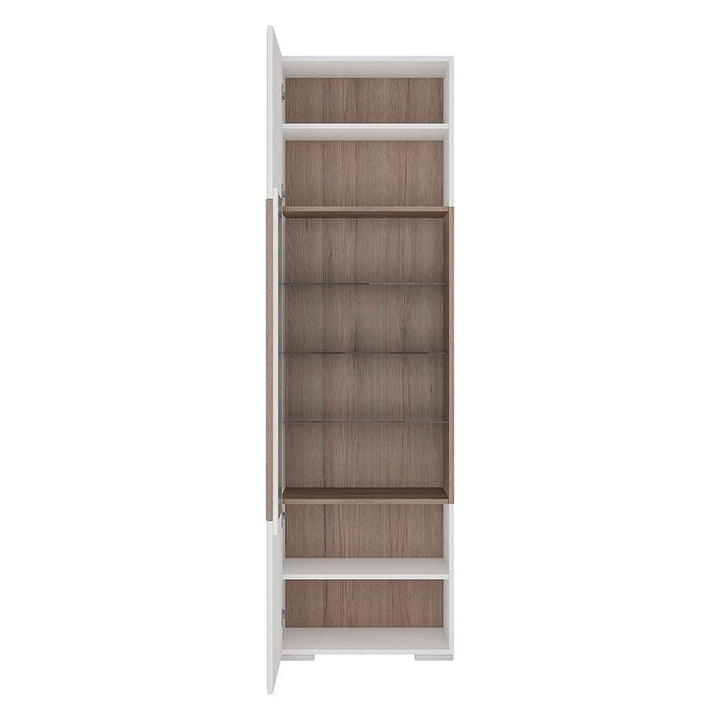 Toronto Tall narrow glazed display cabinet with internal shelves (inc. Plexi Lighting) In White and Oak - TidySpaces