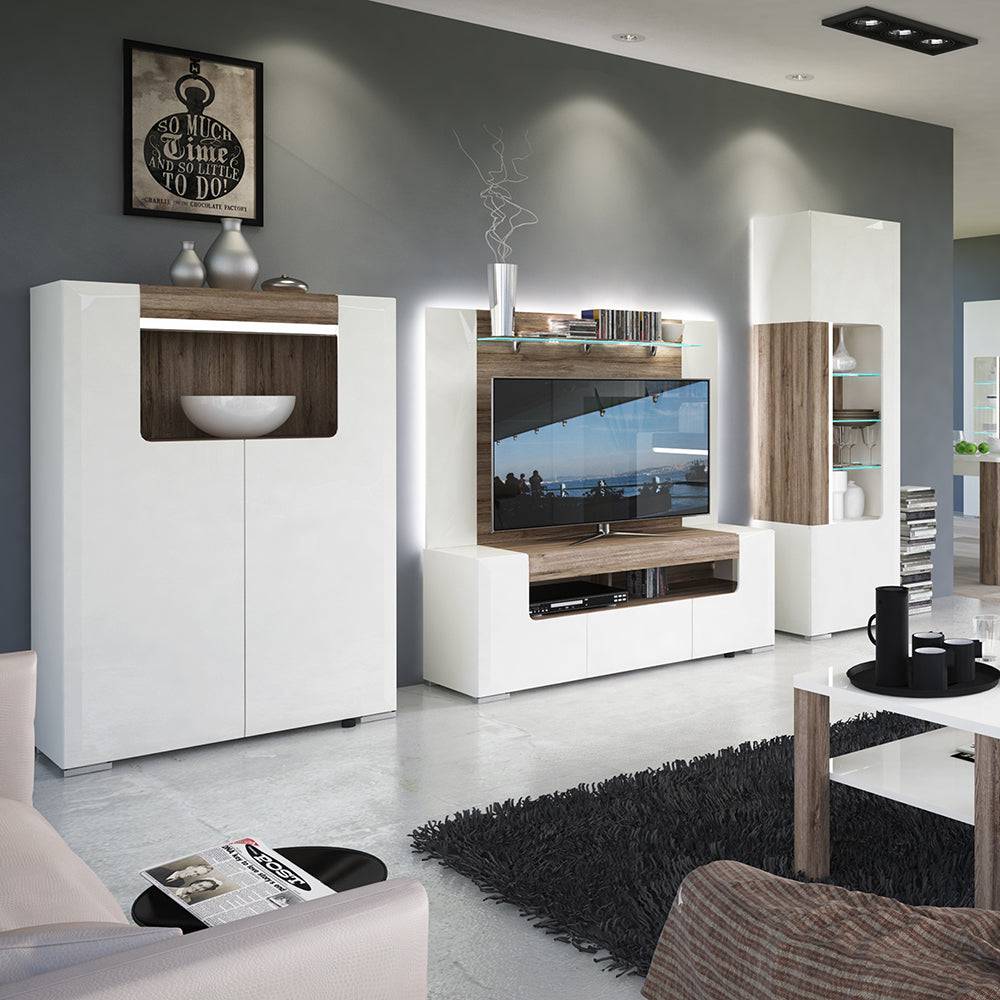 Toronto Tall narrow glazed display cabinet with internal shelves (inc. Plexi Lighting) In White and Oak - TidySpaces