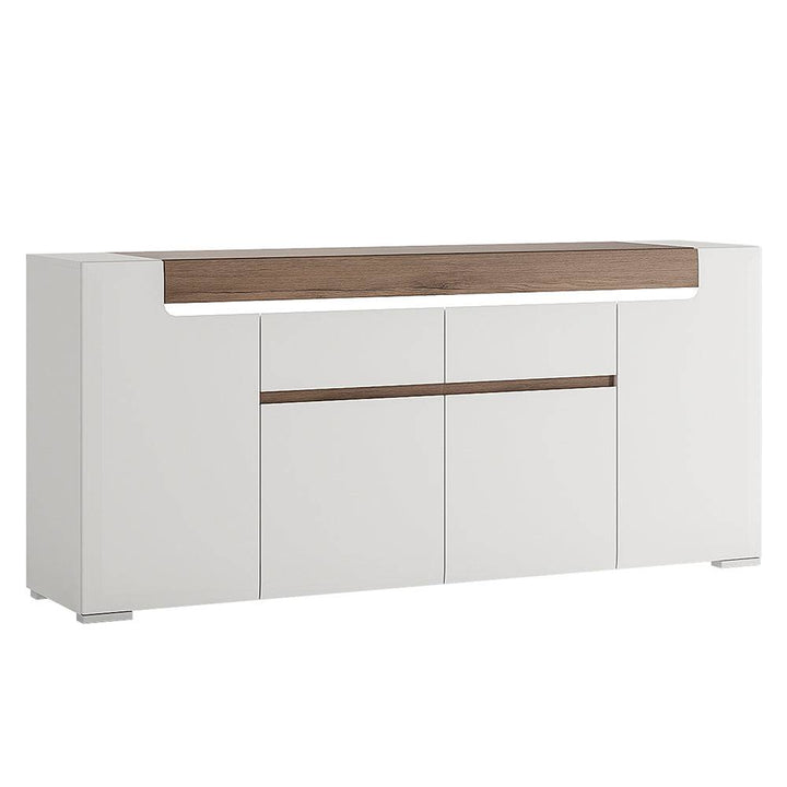 Toronto Wide 4 Door 2 Drawer Sideboard (inc. Plexi Lighting) In White and Oak - TidySpaces