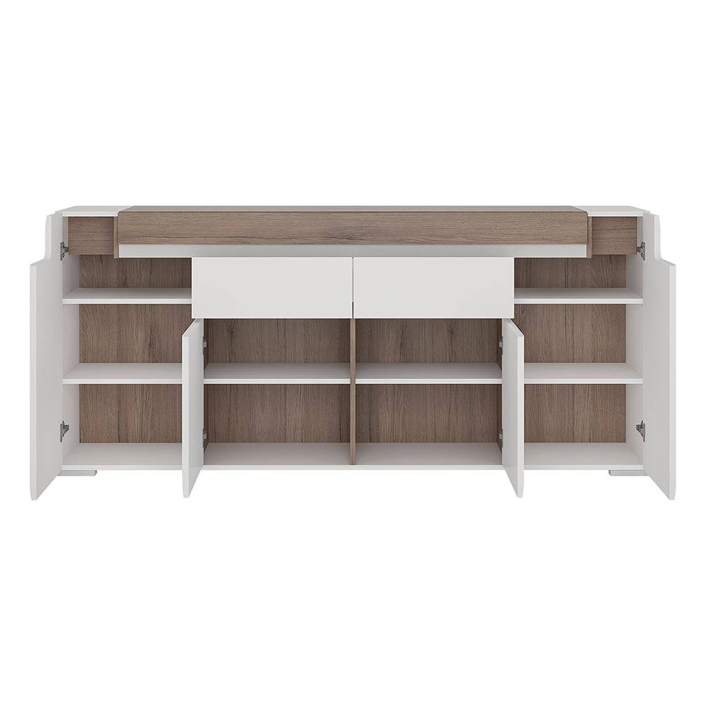 Toronto Wide 4 Door 2 Drawer Sideboard (inc. Plexi Lighting) In White and Oak - TidySpaces