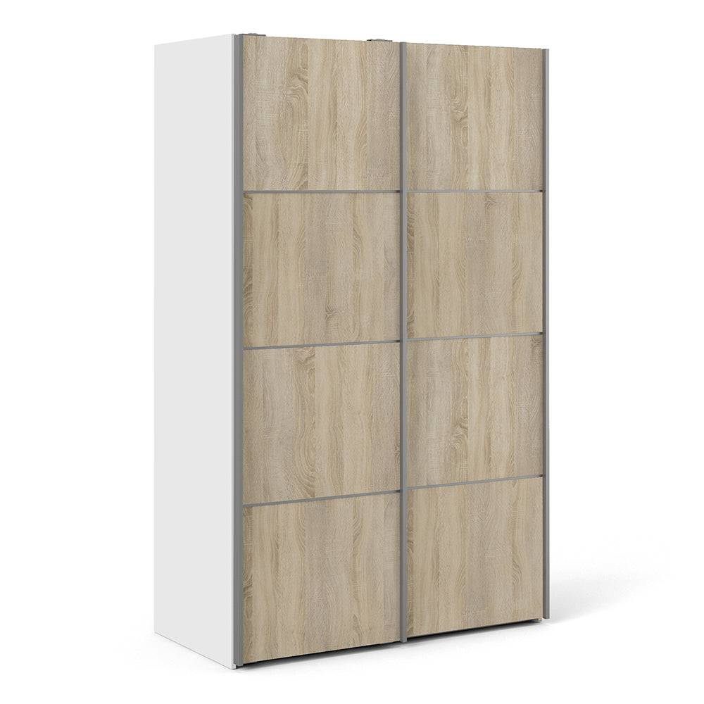 Verona Sliding Wardrobe 120cm in White with Oak Doors with 2 Shelves - TidySpaces