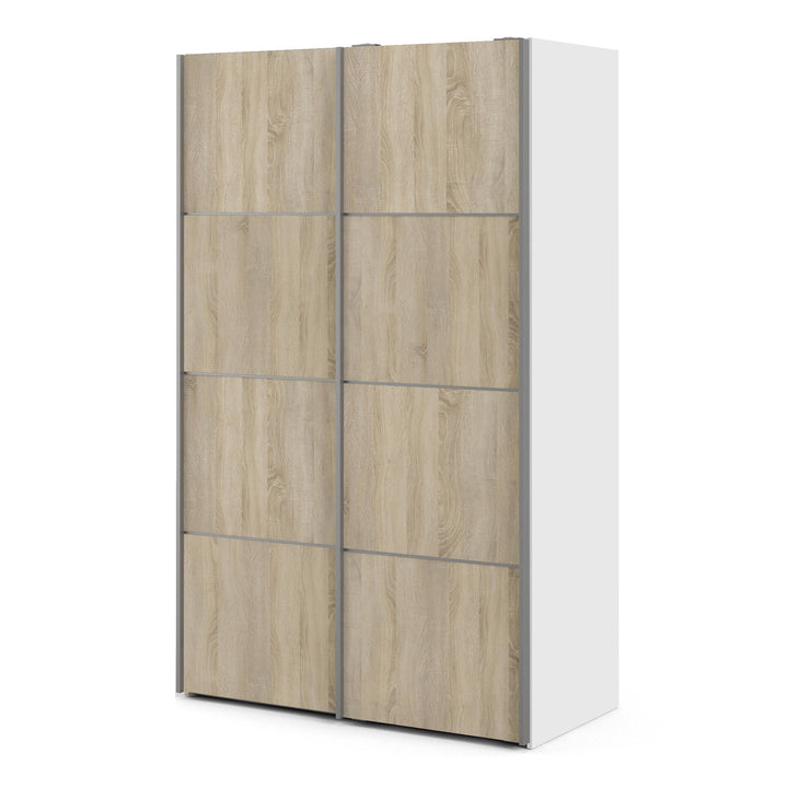 Verona Sliding Wardrobe 120cm in White with Oak Doors with 2 Shelves - TidySpaces