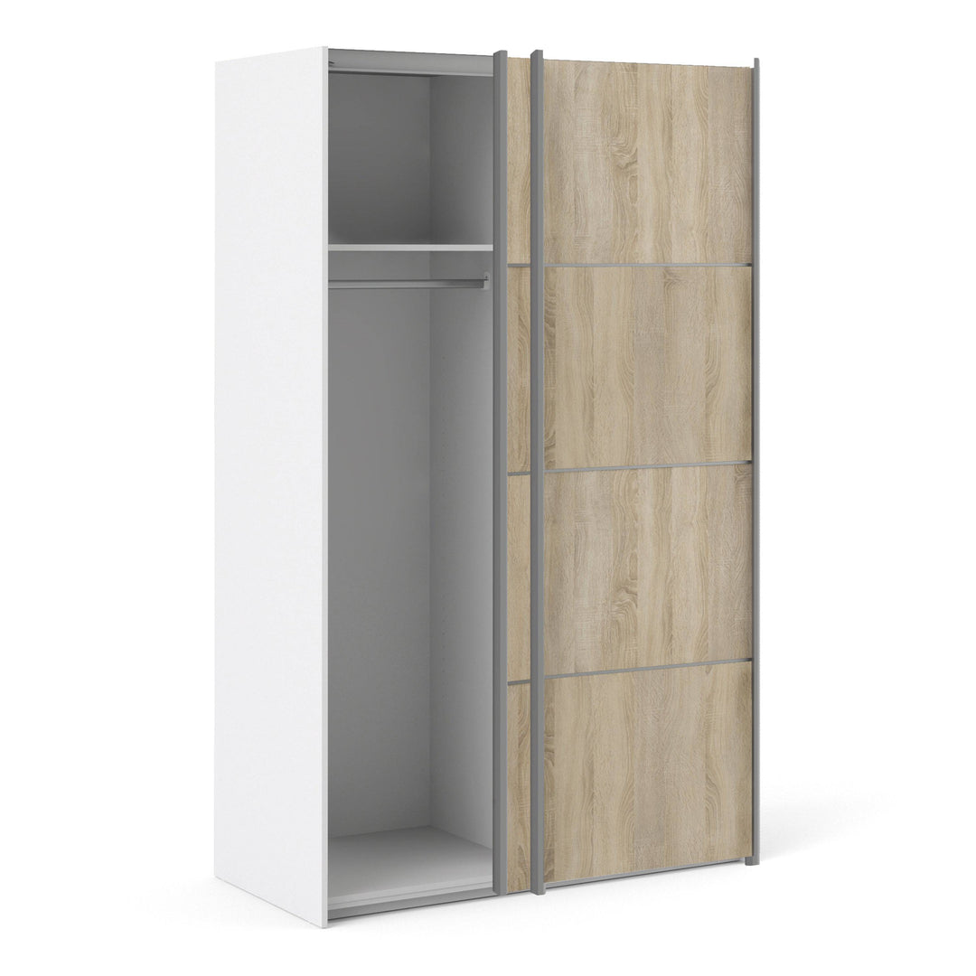 Verona Sliding Wardrobe 120cm in White with Oak Doors with 2 Shelves - TidySpaces