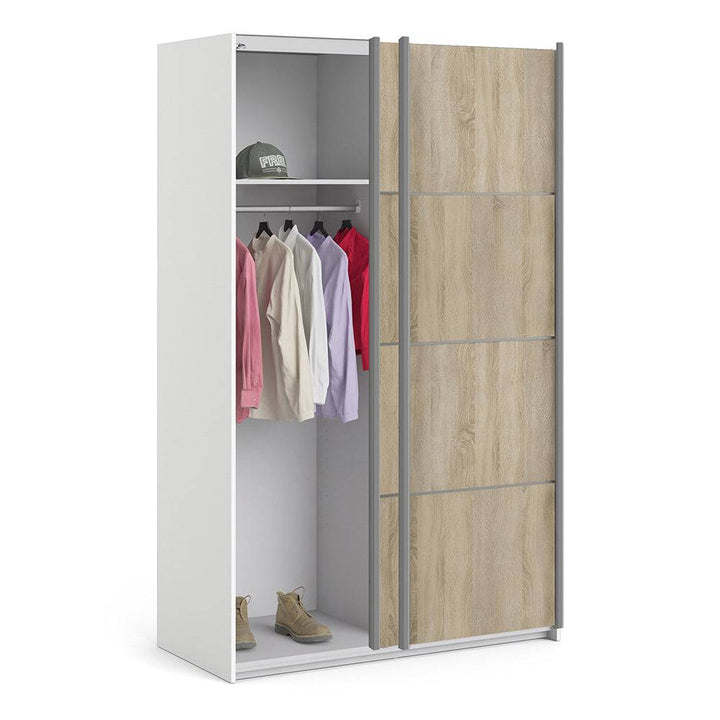 Verona Sliding Wardrobe 120cm in White with Oak Doors with 2 Shelves - TidySpaces