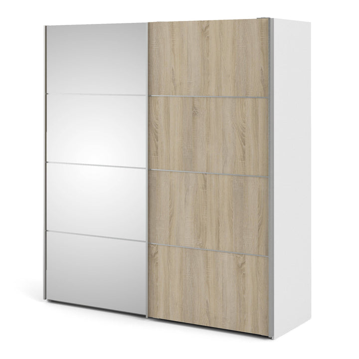 Verona Sliding Wardrobe 180cm in White with Oak and Mirror Doors with 2 Shelves - TidySpaces