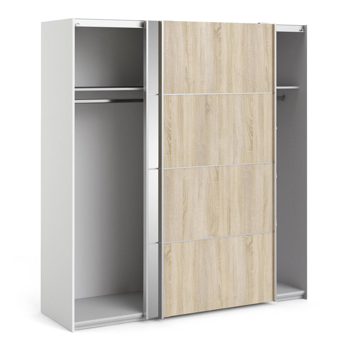 Verona Sliding Wardrobe 180cm in White with Oak and Mirror Doors with 2 Shelves - TidySpaces