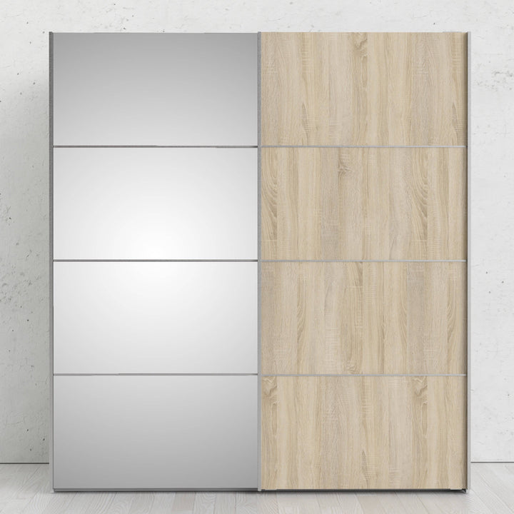 Verona Sliding Wardrobe 180cm in White with Oak and Mirror Doors with 2 Shelves - TidySpaces