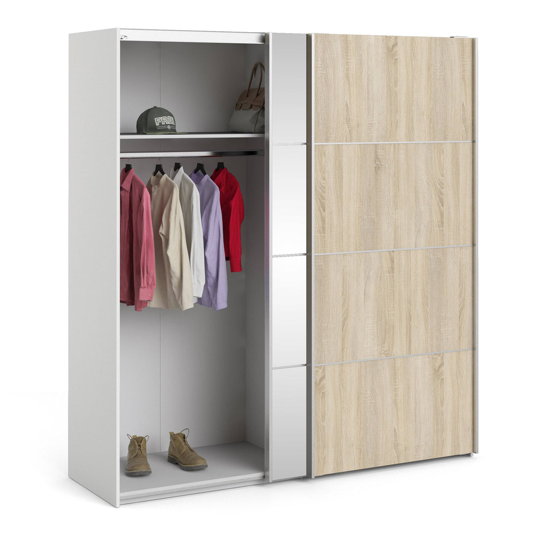 Verona Sliding Wardrobe 180cm in White with Oak and Mirror Doors with 2 Shelves - TidySpaces