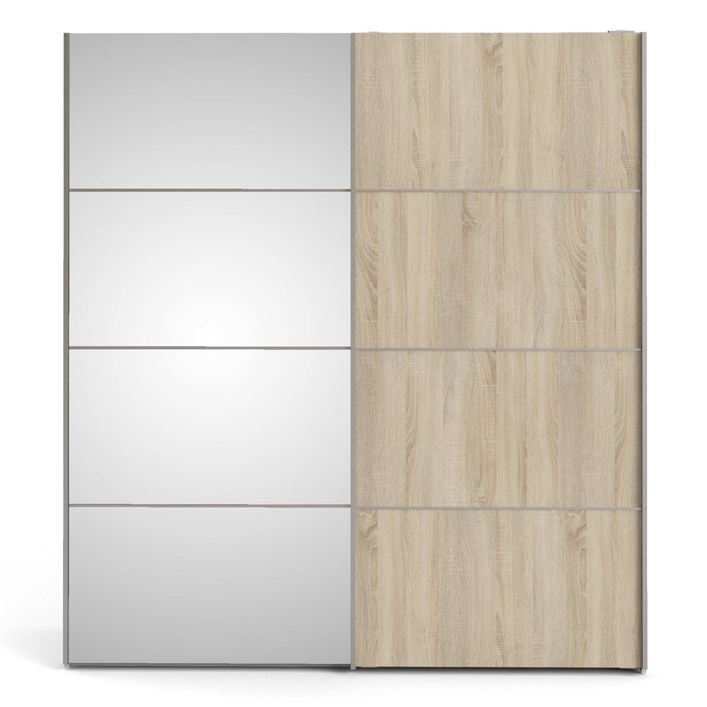 Verona Sliding Wardrobe 180cm in White with Oak and Mirror Doors with 5 Shelves - TidySpaces