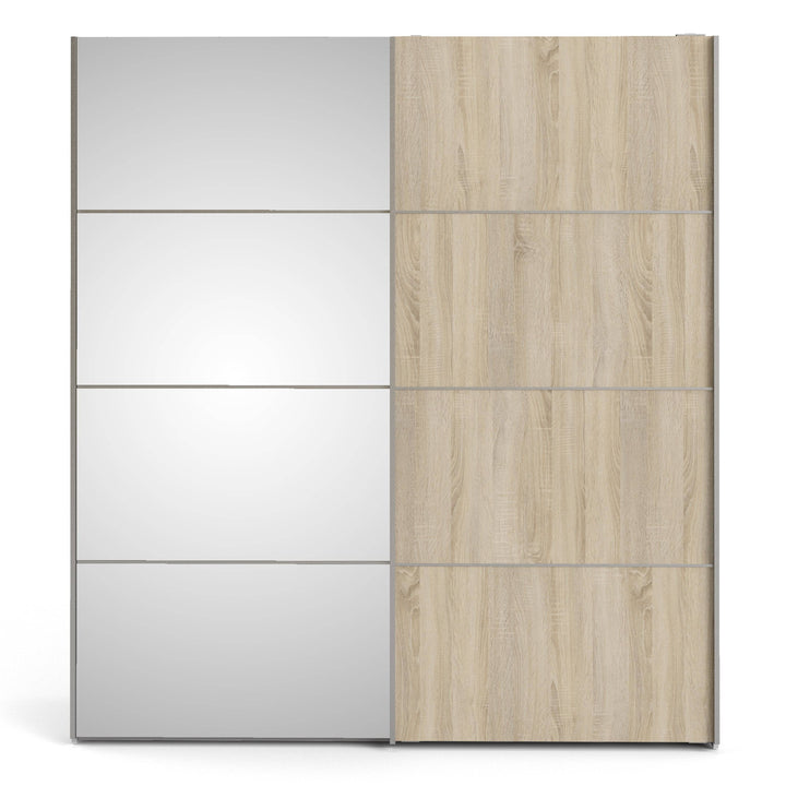 Verona Sliding Wardrobe 180cm in White with Oak and Mirror Doors with 5 Shelves - TidySpaces