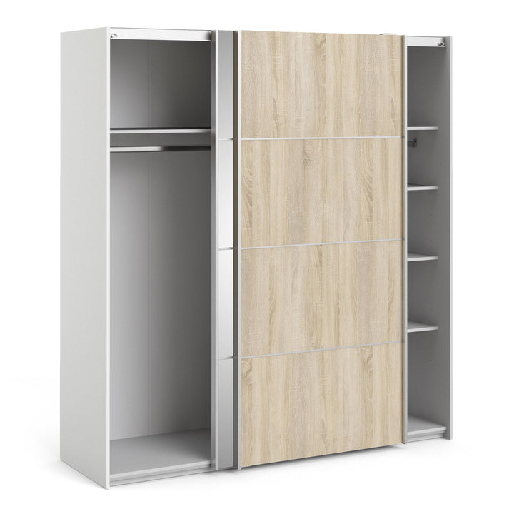 Verona Sliding Wardrobe 180cm in White with Oak and Mirror Doors with 5 Shelves - TidySpaces