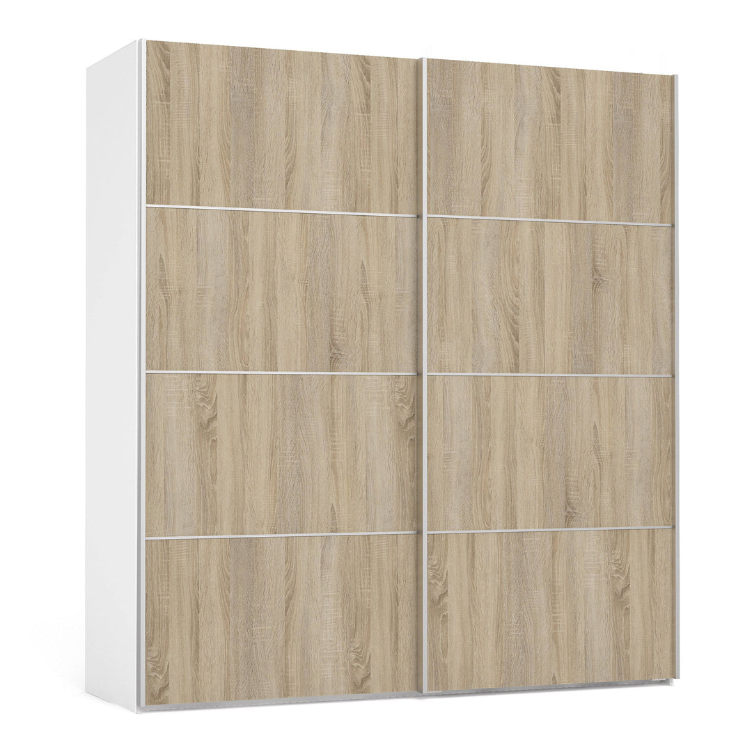 Verona Sliding Wardrobe 180cm in White with Oak Doors with 5 Shelves - TidySpaces