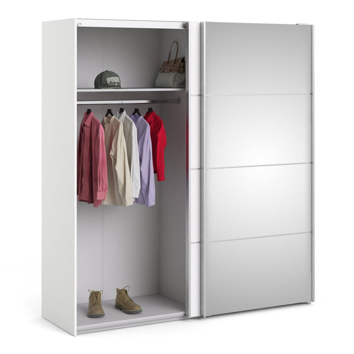 Verona Sliding Wardrobe 180cm in White with White and Mirror Doors with 2 Shelves - TidySpaces