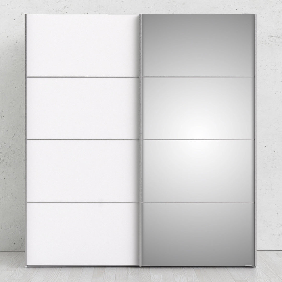 Verona Sliding Wardrobe 180cm in White with White and Mirror Doors with 2 Shelves - TidySpaces